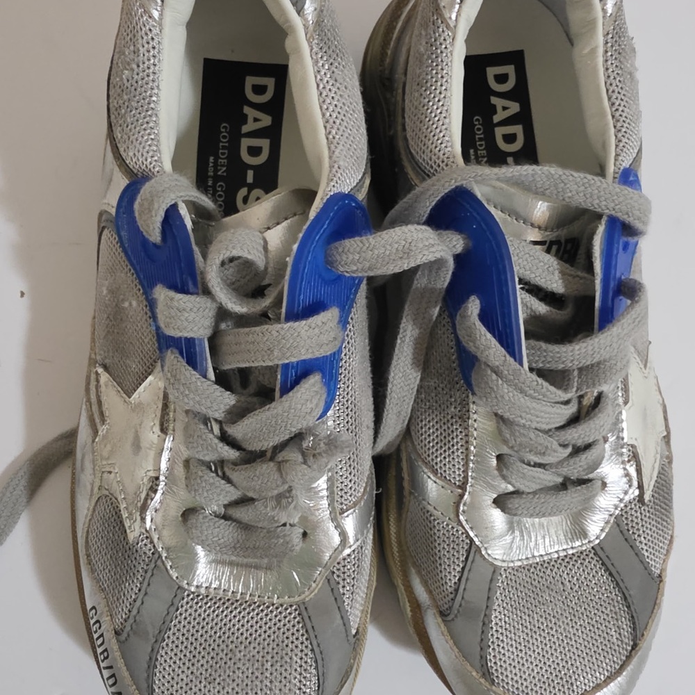 Golden Goose "Dad-Star" woman’s Silver Sneakers with Blue Tongue Accents - Picture 2 of 8